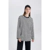 Defacto C0276 Ekru Regular Fit Bisiklet Yaka Çizgili Uzun Kollu Tişört Tunik