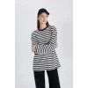 Defacto C0276 Ekru Regular Fit Bisiklet Yaka Çizgili Uzun Kollu Tişört Tunik
