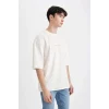 Defacto C2732 Ekru Loose Fit Bisiklet Yaka Sırt Baskılı Kısa Kollu Tişört