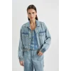 Defacto B8258 İndigo Polo Yaka Cepli Düğme kapamalı Jean Bomber Ceket