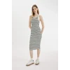 Defacto C8845 Beyaz Bodycon Halter Yaka Çizgili Fitilli Kaşkorse Kolsuz Midi Elbise