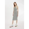 Defacto C8845 Beyaz Bodycon Halter Yaka Çizgili Fitilli Kaşkorse Kolsuz Midi Elbise