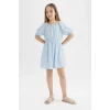 Defacto C2276 Mavi Kız Çocuk Bürümcük Desenli Kısa Kollu Elbise