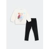 LCW Kids EKRU Bisiklet Yaka Elsa Baskılı Kız Çocuk Sweatshirt ve Tayt 2li Takım