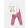 LCW baby EKRU Bisiklet Yaka Kadife Kız Bebek Pijama Takımı