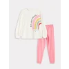 LCW Kids EKRU Bisiklet Yaka Baskılı Uzun Kollu Kız Çocuk Pijama Takımı