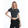 XSIDE ANTRASİT Bisiklet Yaka Düz Kısa Kollu Kadın Crop