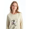 LCWAIKIKI Basic BEJ Bisiklet Yaka Baskılı Kadın Sweatshirt Tunik