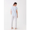 LCW DREAM MAVİ Bisiklet Yaka Desenli Uzun Kollu Kadın Pijama Takımı