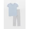 LCW DREAM MAVİ Bisiklet Yaka Desenli Uzun Kollu Kadın Pijama Takımı