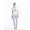 LCW Young LİLA Bisiklet Yaka Baskılı Kısa Kollu Kadın Kaprili Pijama Takımı