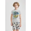 Defacto C2779 Gri Erkek Çocuk Pijama Takımı Baskılı Kısa Kollu Üst Şort