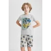 Defacto C2779 Gri Erkek Çocuk Pijama Takımı Baskılı Kısa Kollu Üst Şort
