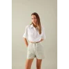 Defacto C6812 Beyaz Crop Gömlek Yaka Keten Karışımlı Kısa Kollu Bluz