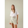 Defacto C6812 Beyaz Crop Gömlek Yaka Keten Karışımlı Kısa Kollu Bluz