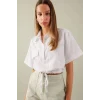 Defacto C6812 Beyaz Crop Gömlek Yaka Keten Karışımlı Kısa Kollu Bluz