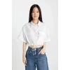 Defacto C6812 Beyaz Crop Gömlek Yaka Keten Karışımlı Kısa Kollu Bluz