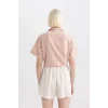 Defacto C6812 Bordo Crop Gömlek Yaka Keten Karışımlı Kısa Kollu Bluz