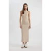 Defacto A4828 Bej Bodycon Halter Yaka Fitilli Kaşkorse Maxi Kolsuz Elbise