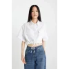 Defacto C6812 Beyaz Crop Gömlek Yaka Keten Karışımlı Kısa Kollu Bluz