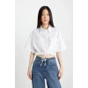Defacto C6812 Beyaz Crop Gömlek Yaka Keten Karışımlı Kısa Kollu Bluz