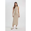 Defacto A4828 Bej Bodycon Halter Yaka Fitilli Kaşkorse Maxi Kolsuz Elbise