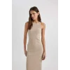 Defacto A4828 Bej Bodycon Halter Yaka Fitilli Kaşkorse Maxi Kolsuz Elbise