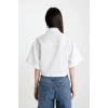 Defacto C6812 Beyaz Crop Gömlek Yaka Keten Karışımlı Kısa Kollu Bluz