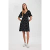 Defacto B0127 Siyah V Yaka Puantiyeli Maroken Mini Kısa Kollu Elbise