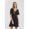 Defacto B0127 Siyah V Yaka Puantiyeli Maroken Mini Kısa Kollu Elbise