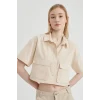 Defacto C0739 Bej Coool Oversize Geniş Kalıp Poplin Kısa Kollu Crop Gömlek