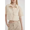 Defacto C0739 Bej Coool Oversize Geniş Kalıp Poplin Kısa Kollu Crop Gömlek