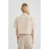 Defacto C0739 Bej Coool Oversize Geniş Kalıp Poplin Kısa Kollu Crop Gömlek