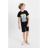 Defacto C5499 Siyah Erkek Çocuk Baskılı Pijama Takımı Kısa Kollu Üst Şort