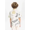 Defacto B6114 Ekru Erkek Çocuk Oversize Geniş Kalıp Polo Yaka Desenli Kısa Kollu Gömlek