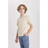 Defacto B6620 Bej Erkek Çocuk Oversize Geniş Kalıp Polo Yaka Gofre Dokulu Kısa Kollu Gömlek