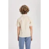 Defacto B6620 Bej Erkek Çocuk Oversize Geniş Kalıp Polo Yaka Gofre Dokulu Kısa Kollu Gömlek
