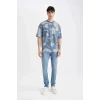 Defacto C3488 İndigo Comfort Regular Fit Rahat Kalıp Bisiklet Yaka Desenli Kısa Kollu Tişört