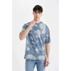 Defacto C3488 İndigo Comfort Regular Fit Rahat Kalıp Bisiklet Yaka Desenli Kısa Kollu Tişört