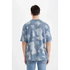 Defacto C3488 İndigo Comfort Regular Fit Rahat Kalıp Bisiklet Yaka Desenli Kısa Kollu Tişört