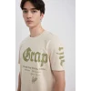 Defacto B8484 Bej Regular Fit Bisiklet Yaka Baskılı Kısa Kollu Tişört