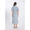 Defacto D2836 Mavi Desenli Gömlek Yaka Kısa Kollu Midi Elbise