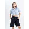 Defacto C0739 Mavi Coool Oversize Geniş Kalıp Cep Detaylı Crop Kısa Kollu Gömlek
