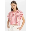 Defacto C8748 Kırmızı Crop Çizgili Kısa Kollu Poplin Gömlek