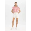 Defacto C8748 Kırmızı Crop Çizgili Kısa Kollu Poplin Gömlek