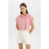 Defacto C8748 Kırmızı Crop Çizgili Kısa Kollu Poplin Gömlek