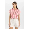 Defacto C8748 Kırmızı Crop Çizgili Kısa Kollu Poplin Gömlek