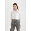Defacto C7579 Beyaz Crop Gabardin Uzun Kollu Gömlek