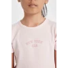 Defacto D4105 Pembe Kız Çocuk Baskılı Fitilli Kaşkorse Kısa Kollu Elbise