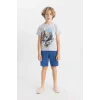 Defacto C5505 Gri Erkek Çocuk Marvel Pijama Takımı Kısa Kollu Üst Şort